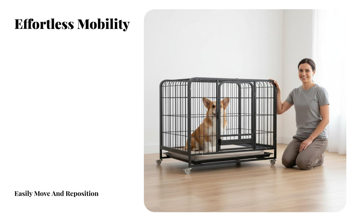 Easy to Clean Indoor Dog Kennel with Tray Gnaw Resistant Heavy Duty Dog Kennel Chew Proof Rolling Metal Pet Kennel Double Door Design for Medium Dogs, Home Use
