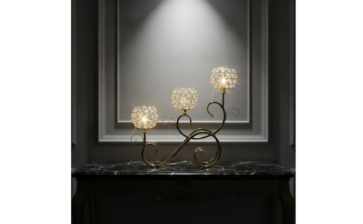 Candle Holder with Crystal Shades Gold-Tone 3-Wick Candelabra Ornate 3-Arm Candelabra for Wedding Planners, Brides, Dinner Parties, Hotel Lobbies