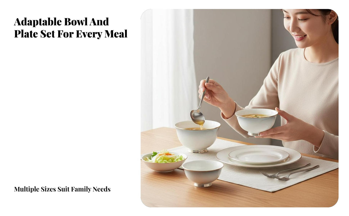 Bone China Dinnerware Set, Modern Luxury Gold Border, Ceramic Bowl Plate Combo, Home Tableware for Adults