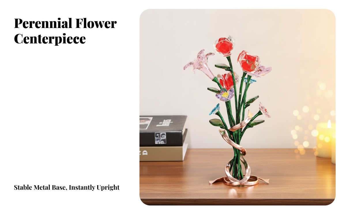 Sparkling Crystal Flower Bouquet | Sculptural Rose-Gold Base, Crystal Flowers with Stand, for Display Cabinet