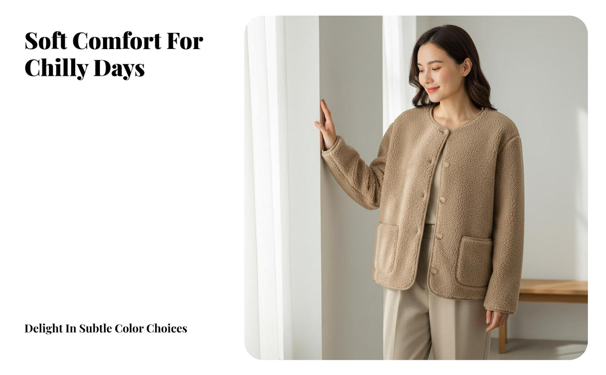 Round Neck Fleece Cardigan Warm women's Fleece Cardigan Soft Collarless Open Front Jacket for Young Adults, Students, Fall Season, Daily Wear, Outdoor