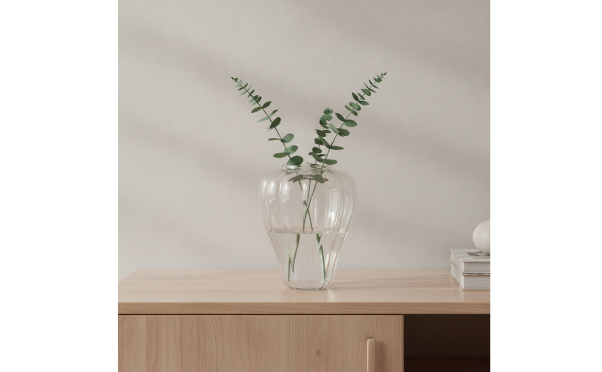 Pumpkin Vase Transparent Glass Vase with Ribbed Body Aesthetic Flower Holder for Simplicity Seekers, Tabletop, Windowsill, Hydroponics