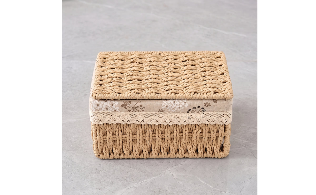 Storage Basket with Liner Handwoven Basket with Textile Liner Hand-Woven Rectangular Storage Box for Shelves, Bedroom, Living Room