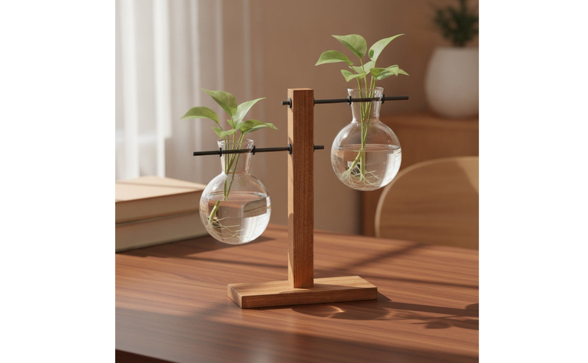 Tabletop Glass Vase with Wooden Stand Minimalist Propagation Station Clear Hydroponic Vase Simple for Windowsill