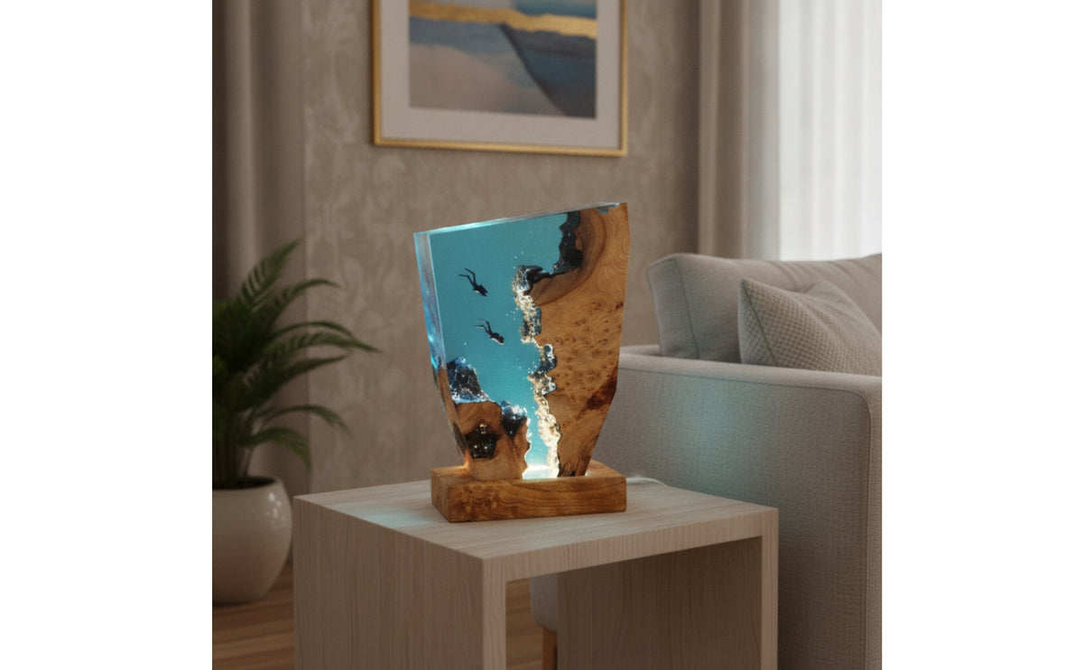 Sea Resin Night Light Hand-Crafted Diver Night Light Handmade Resin-Fused Hardwood Lamp for Divers, Bedside Table, Nightstand, Desk