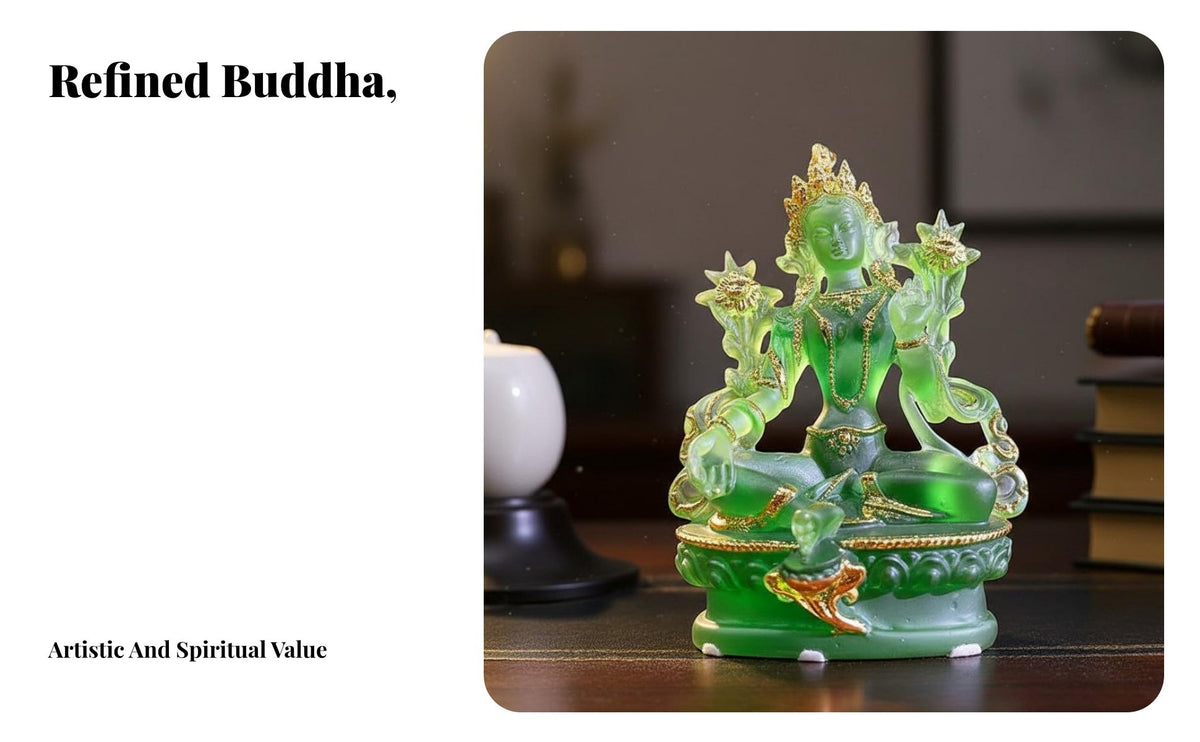 Auspicious Blessing Green Tara Statue Finely Detailed Tara Buddha Figurine Portable Size Resin Bodhisattva Statue Artistic Design for Meditation Practitioners, Collectors, Home Decorators, Desktop, Altar, Office, Living Room