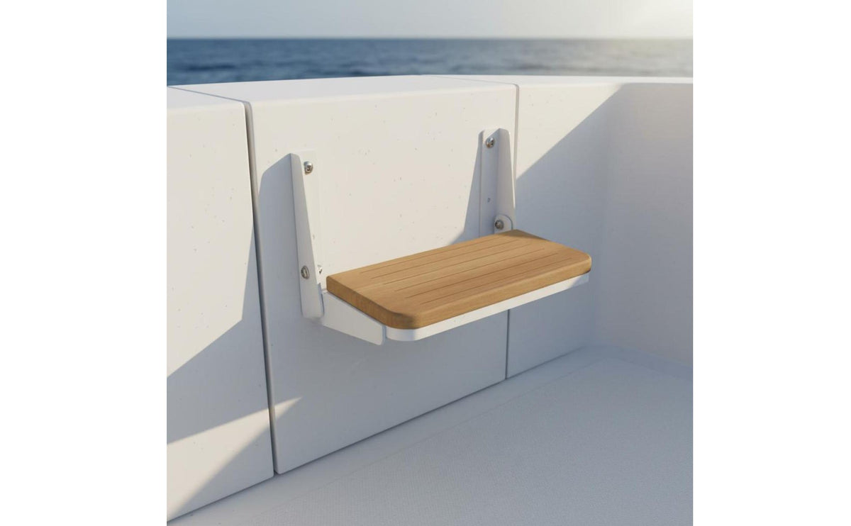 Aluminum Alloy Foldable Teak Step White Painted Metal Marine Folding Step Space Saving Teak Foot Pedal Easy to Stow-Able for Yacht, Boat, Rv, Motorhome