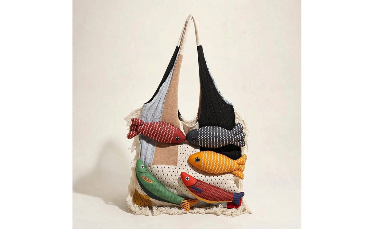 Tote Bag with Fish Appliques Fringed Bag with Fish Applique Lightweight Handbag for Women, Beach, Travel, Errands