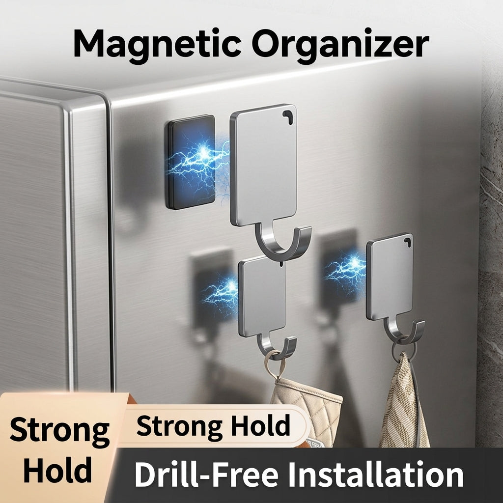 Metal Pantry and Fridge Organizer for Kitchen Wall, Anodized Hook Magnets for Hanging Tools, Versatile Refrigerator Side Storage