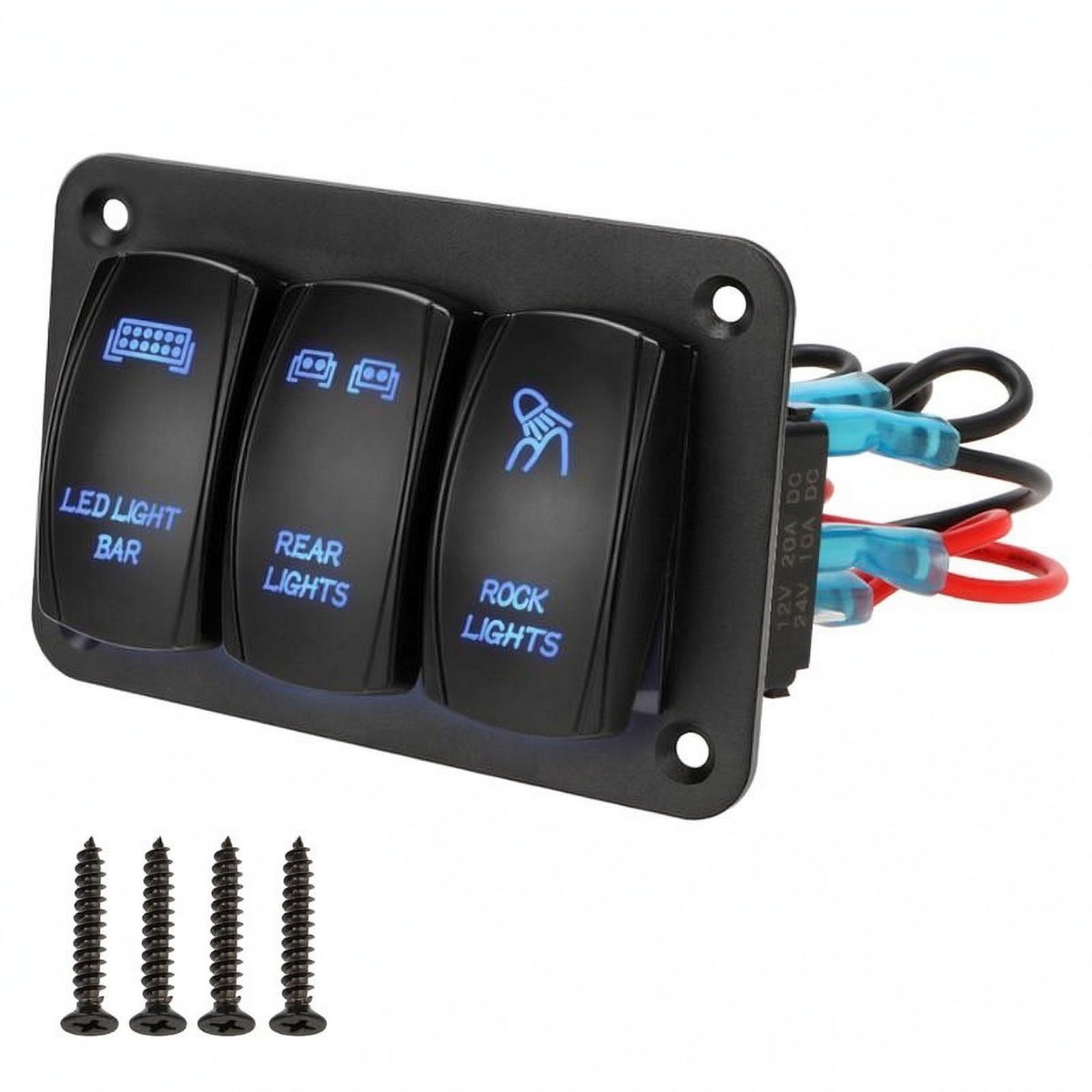12-24V Marine Rocker Switch Panel Blue Labels 3-Gang Rocker Switch Panel Rounded Corners Electrical Accessory