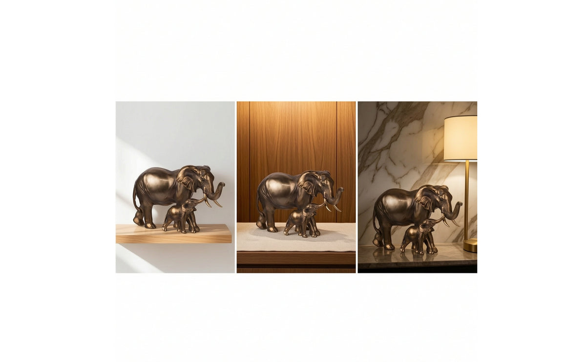 Mother and Calf Elephant Figurine Metal-Like Ornament Carved for Collectors, Shelf, Entryway, Living Room