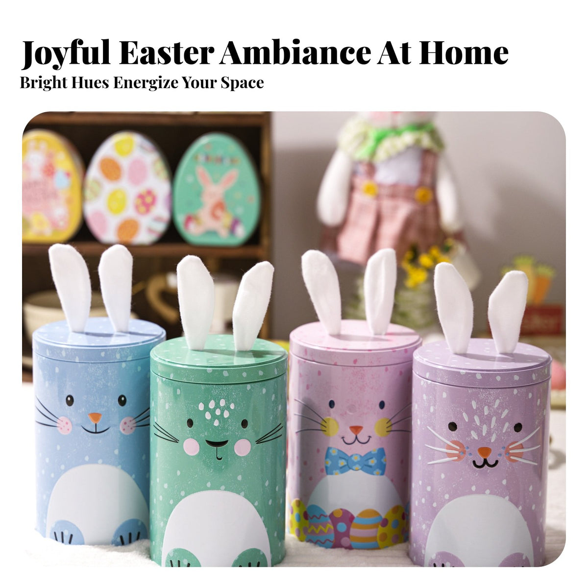 Decorative Candy Jar Cute Design Hare Ear Candy Container Versatile Use Cylindrical Bunny Gift Tin for Party Hosts, Home Stylists, Parties, Kitchen