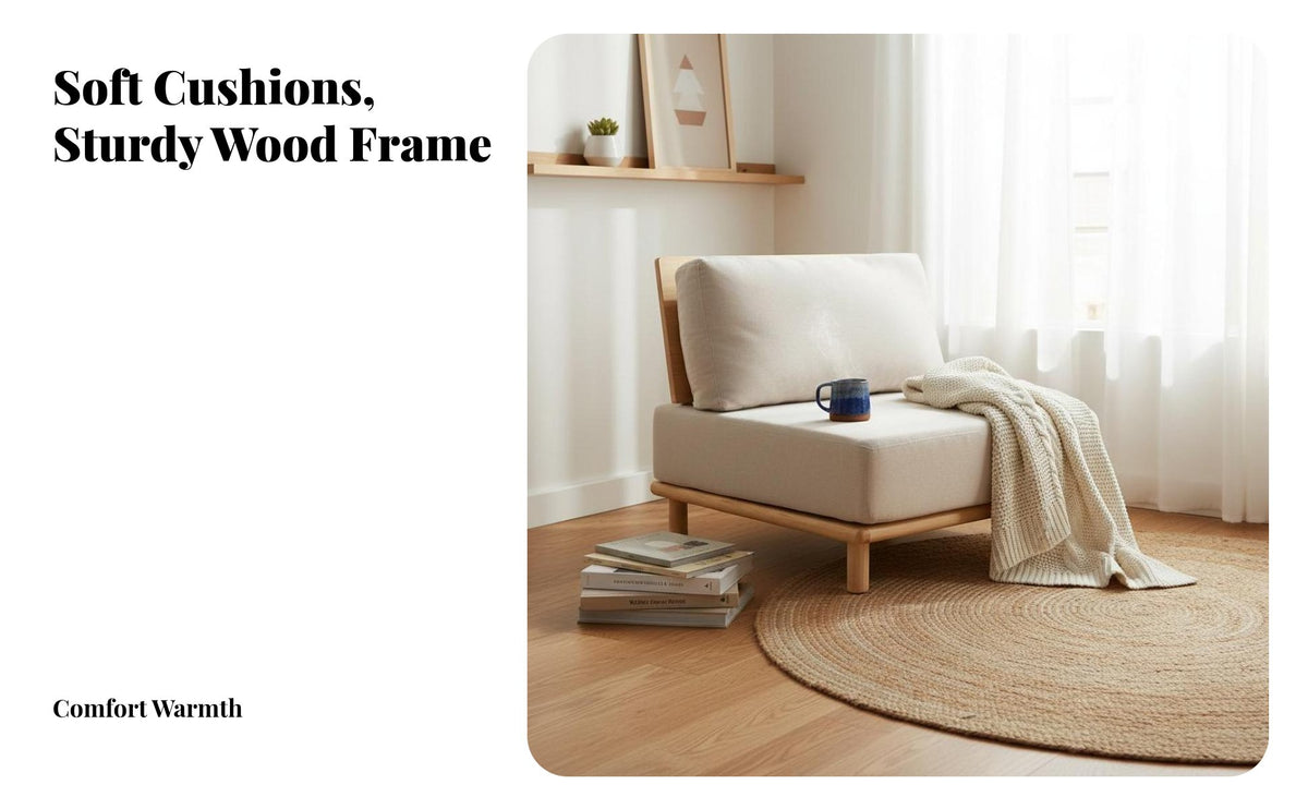 Wabi-Sabi Aesthetic Armless Wooden Couch Nordic Inspired Upholstered Settee Small Space Solution Living Room Seating Minimalist Look for Minimalists, Apartment Dwellers, Homeowners, Study, Bedroom, Reception Area