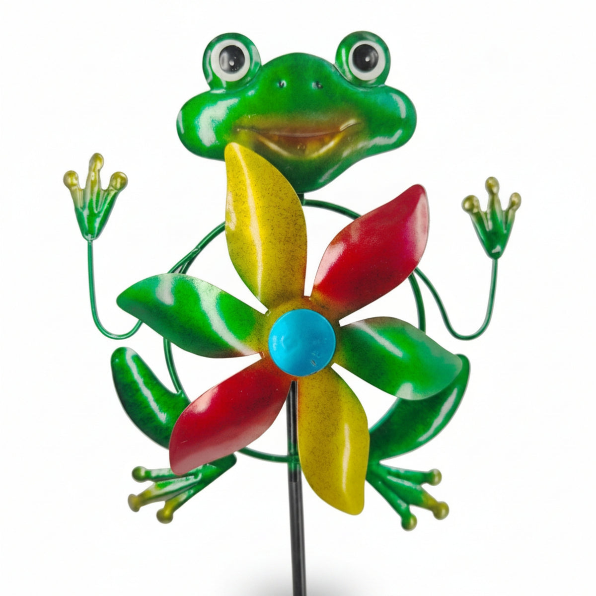 Frog Metal Rotator Flower-Shaped Blade Metal Frog Rotator Animal Kinetic Rotator Round Eyes Outdoor Decor Pointed Base