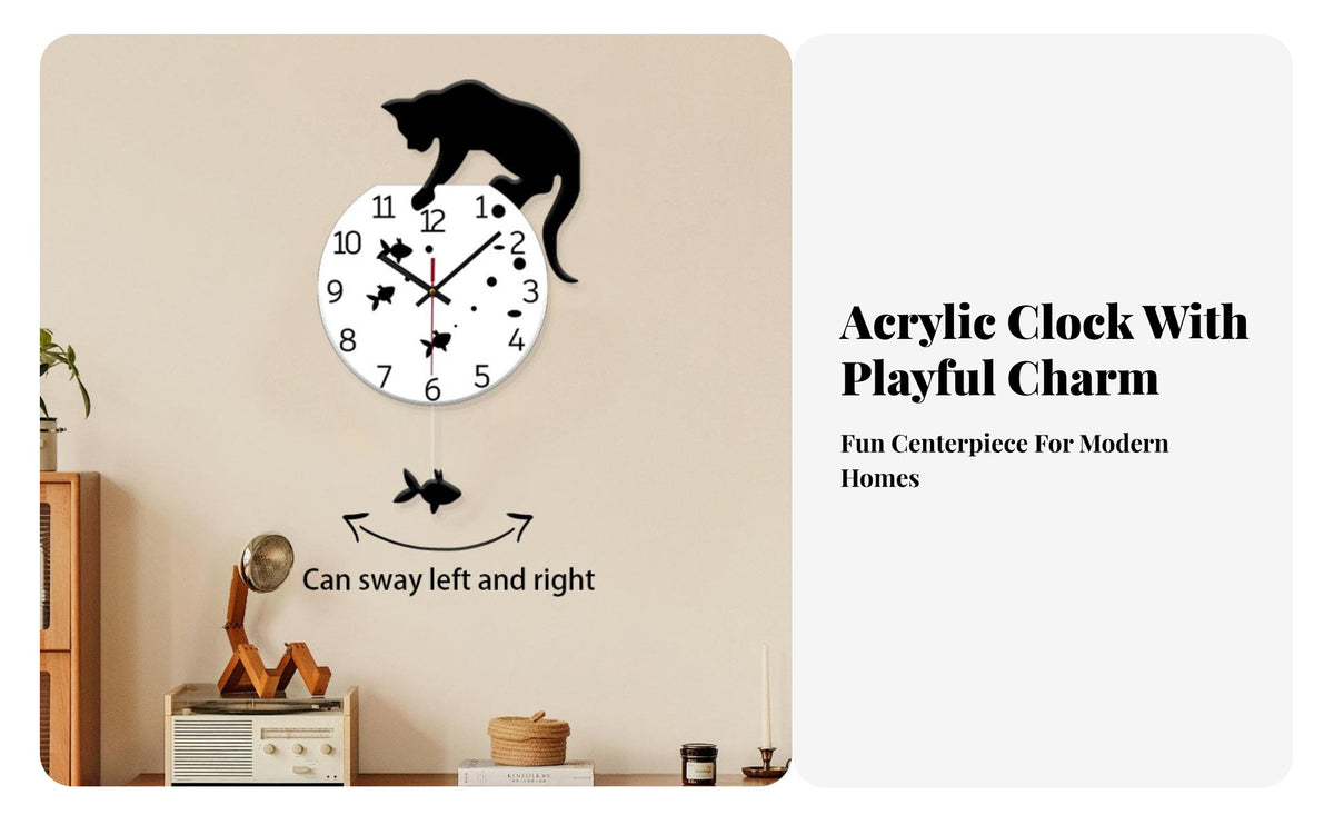 Cartoon Cat Wall Clock Creative Design Cat Wall Clock No Ticking Battery Operated for Children, Bedroom