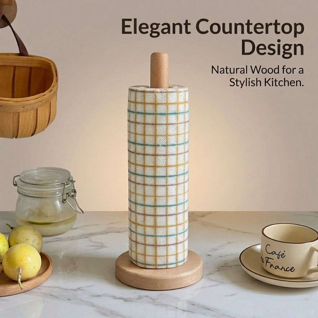 Dining Table Paper Towel Holder Stand, Freestanding Beech Wood Kitchen Roll Dispenser for Pantry, Stylish Korean Design, No-Drill Countertop Organizer