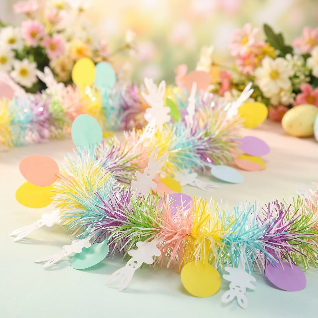 Easter Tinsel Garland with White Bunny and Coloured Eggs, Pastel Metallic Twist Streamer, Spring Hanging Wreath Decoration for Home Party Tree Wall Crafts