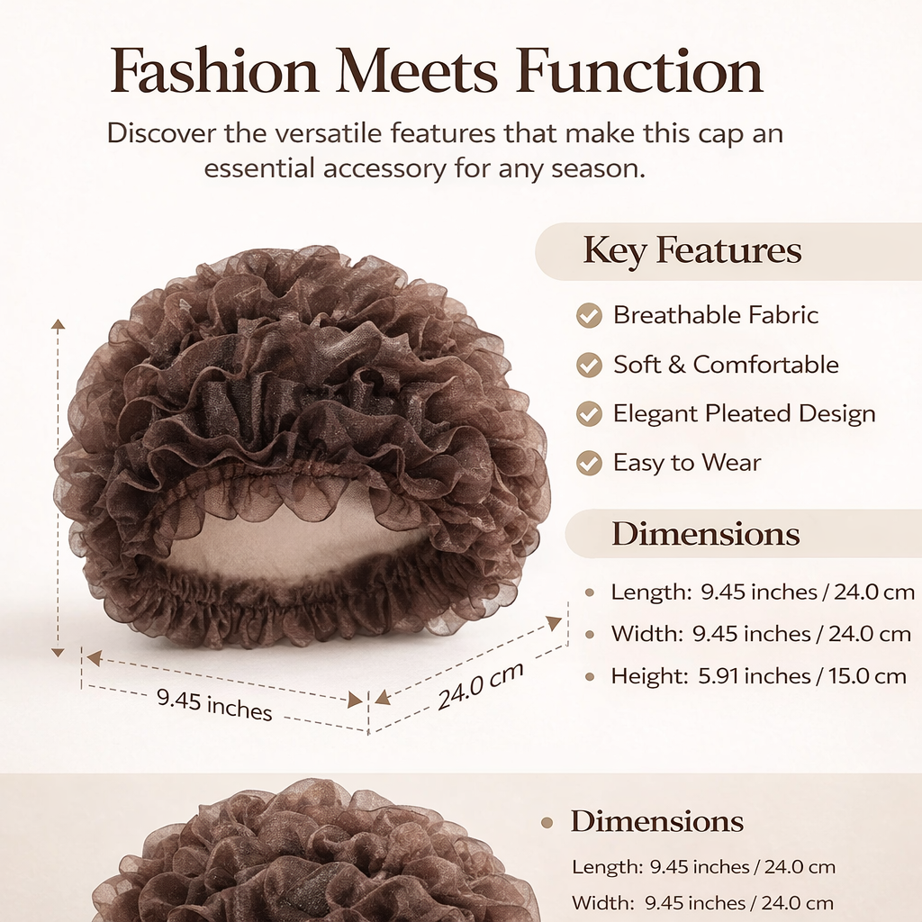 Hat Wig for Women with, Breathable Turban Cap for Casual Use, Adjustable Fit Polyester Material, Pleated Edge