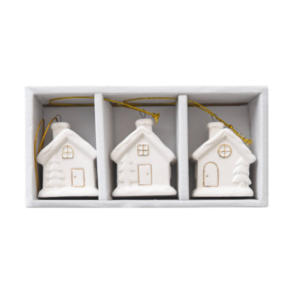 3 Pieces White Ceramic House Ornaments Gold-Toned House Ornaments with Cords Embossed Holiday Ornament Minimalist for Window Display