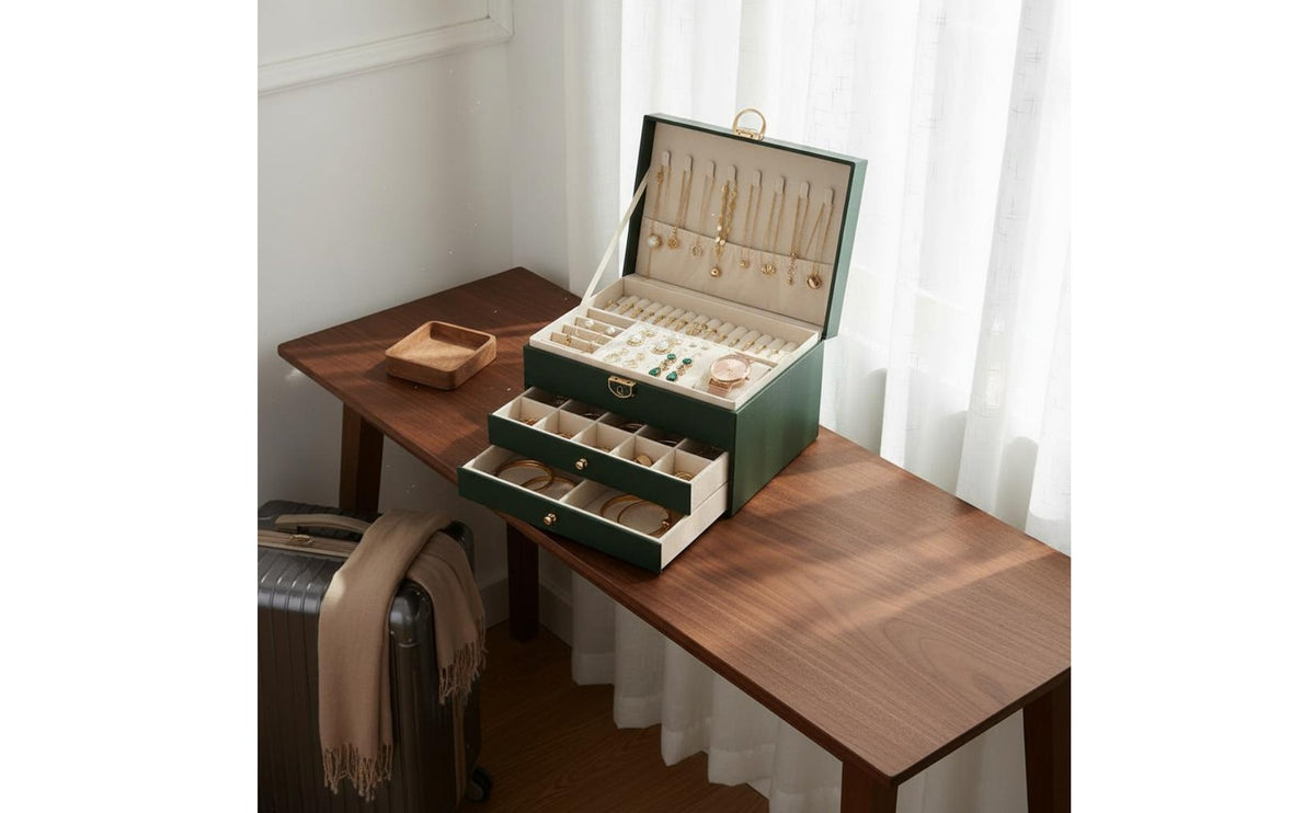 Double Tier Jewelry Box Elegant Design Multi-Tier Jewelry Case Necklace and Band Holder Abrasion Protection for Dresser Top