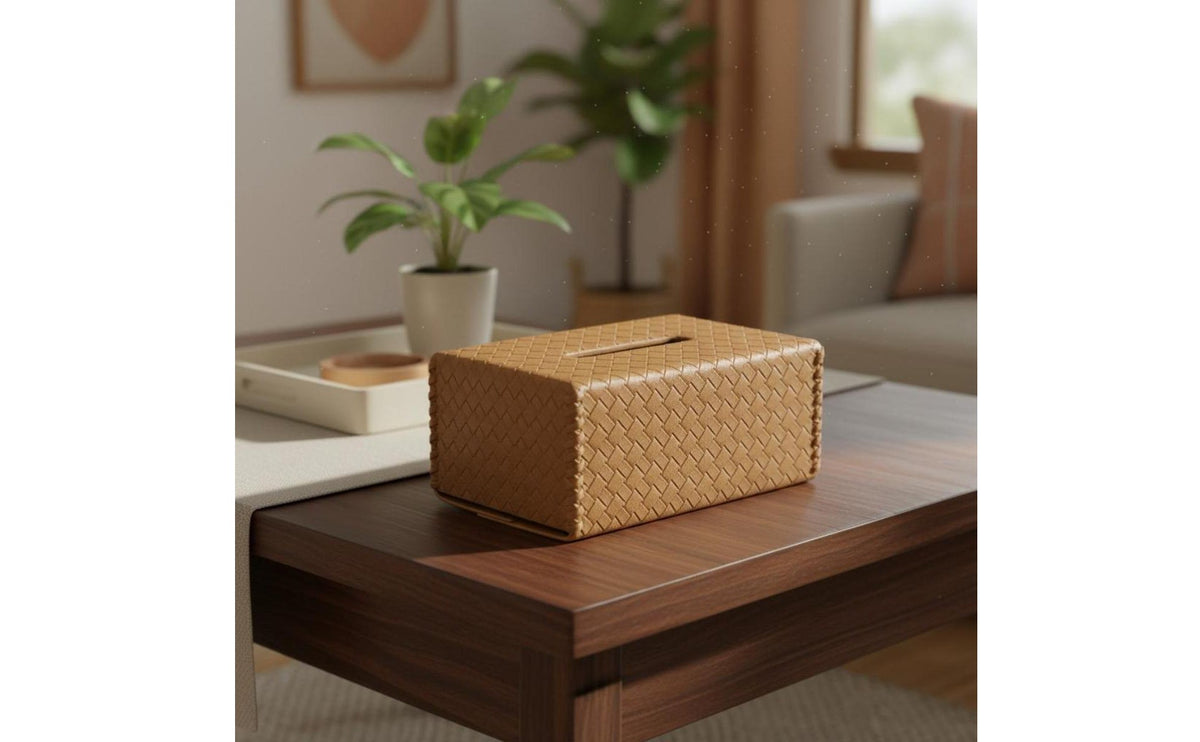 Woven Tissue Box Cover Luxury Look Leather Tissue Box Cover Handwoven Home Decor for Living Room, Office, Washroom