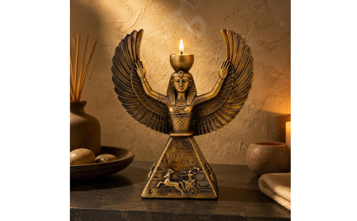 Isis Candle Holder Antique Bronze-Gold Ancient Egyptian Deity Statue Sculpted
