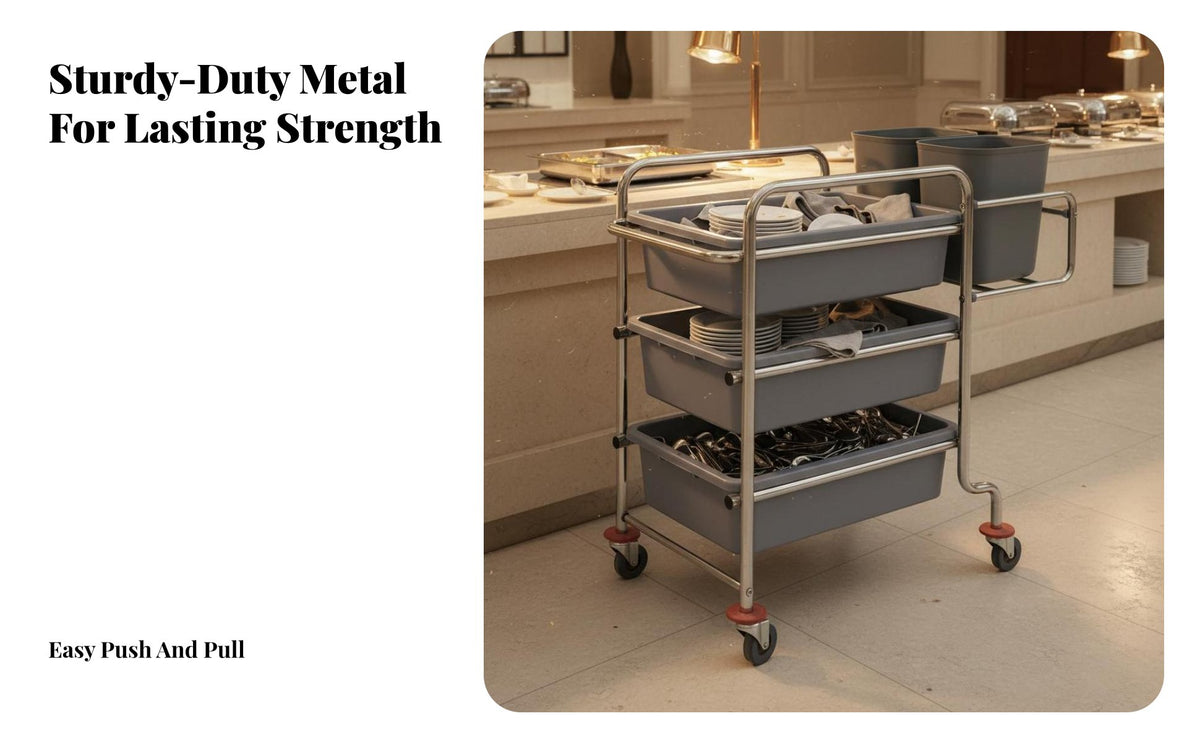 3-Tier Bussing Cart Large Capacity Restaurant Dish Collecting Cart 360° Rotating Casters Heavy Duty Rolling Trolley for Bussers, Restaurants, Hospital