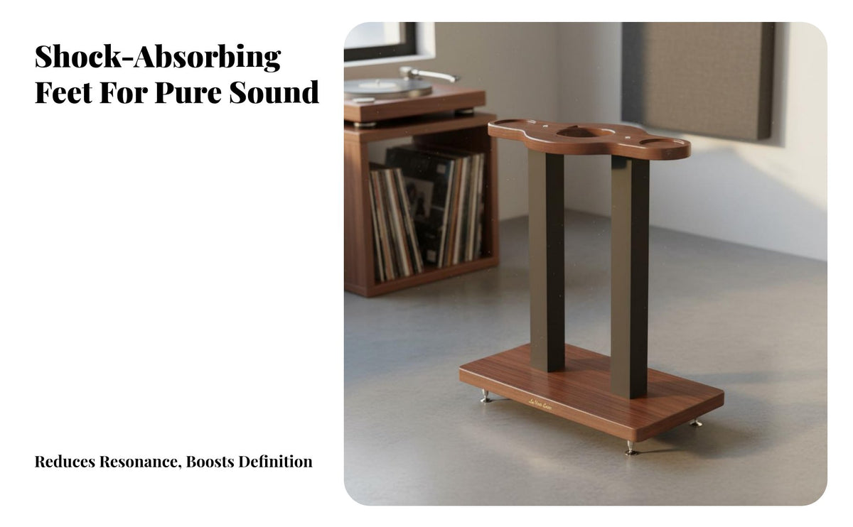 Non-Slip Rubber Feet Floor Speaker Stand Secure Fit Grooves Anti-Vibration Speaker Platform Faux Wood Finish Double-Pillar Audio Stand Safe Rounded Corners for Audiophiles, Living Room, Home Office