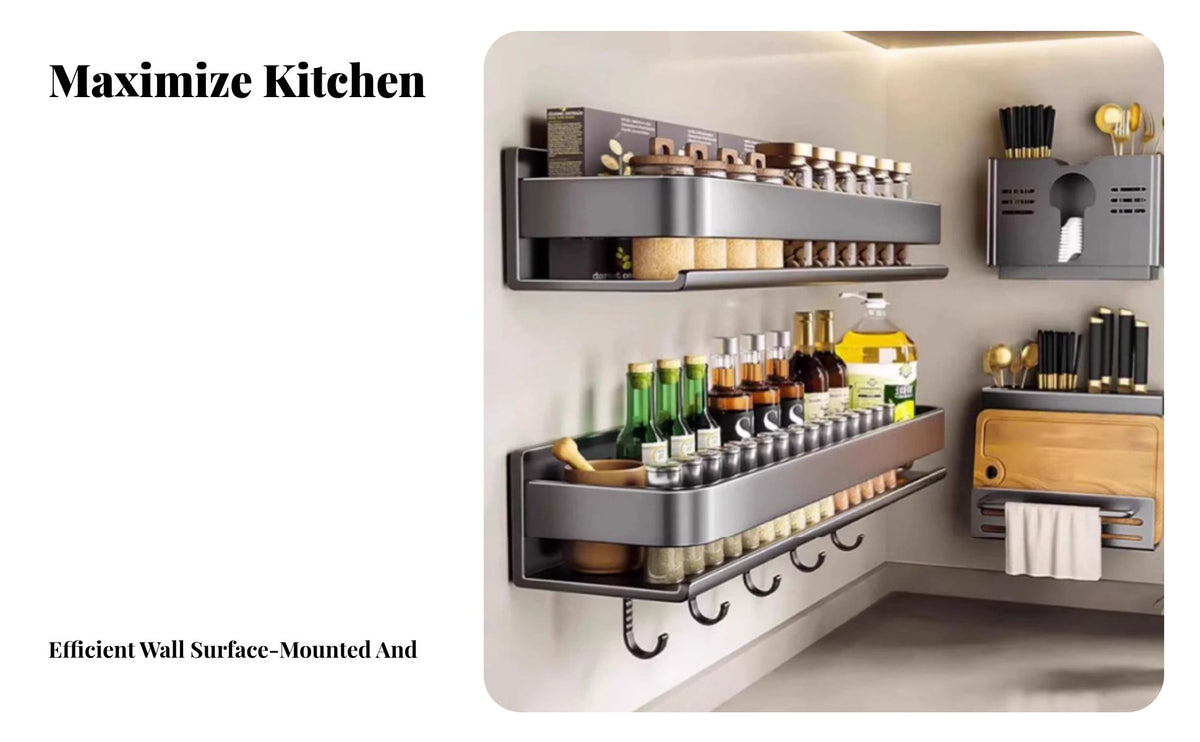 No-Drill Installation Floating Condiment Rack Space-Saving Kitchen Organizer With Hanging Hooks Wall Shelf Multifunctional for Home Cooks, Homeowners, Students, Pantry, Bathroom