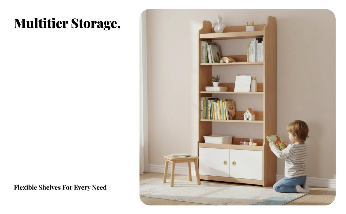 Floor-Standing children's Bookcase with Doors Sturdy Construction Cubby Bookcase with Doors Large Capacity Bookshelf Easy to Assemble for Students, Toddlers, Parents, Bedroom, Nursery, Playroom, Daycare Center