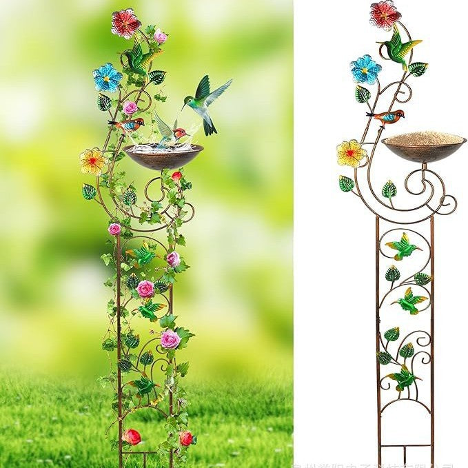 Antique Iron Trellis with Bird Bath for Garden
