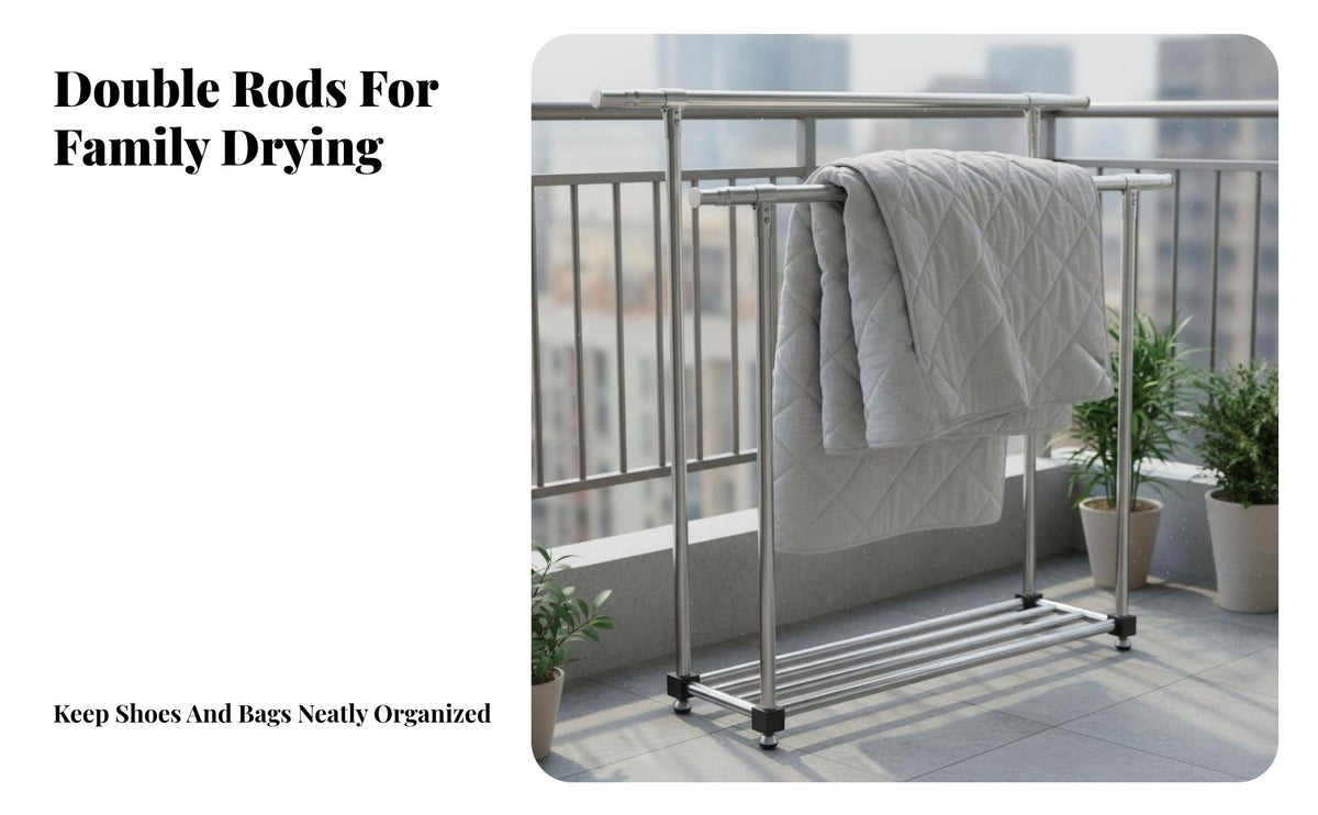 High Load Capacity Stainless Steel Drying Rack Rust-Resistant Adjustable Clothing Stand Easy Assembly Heavy Duty Clothing Rack 2-Tier Design for Apartment Dwellers, Homeowners, Balcony, Indoors, Outdoors, Laundry Room