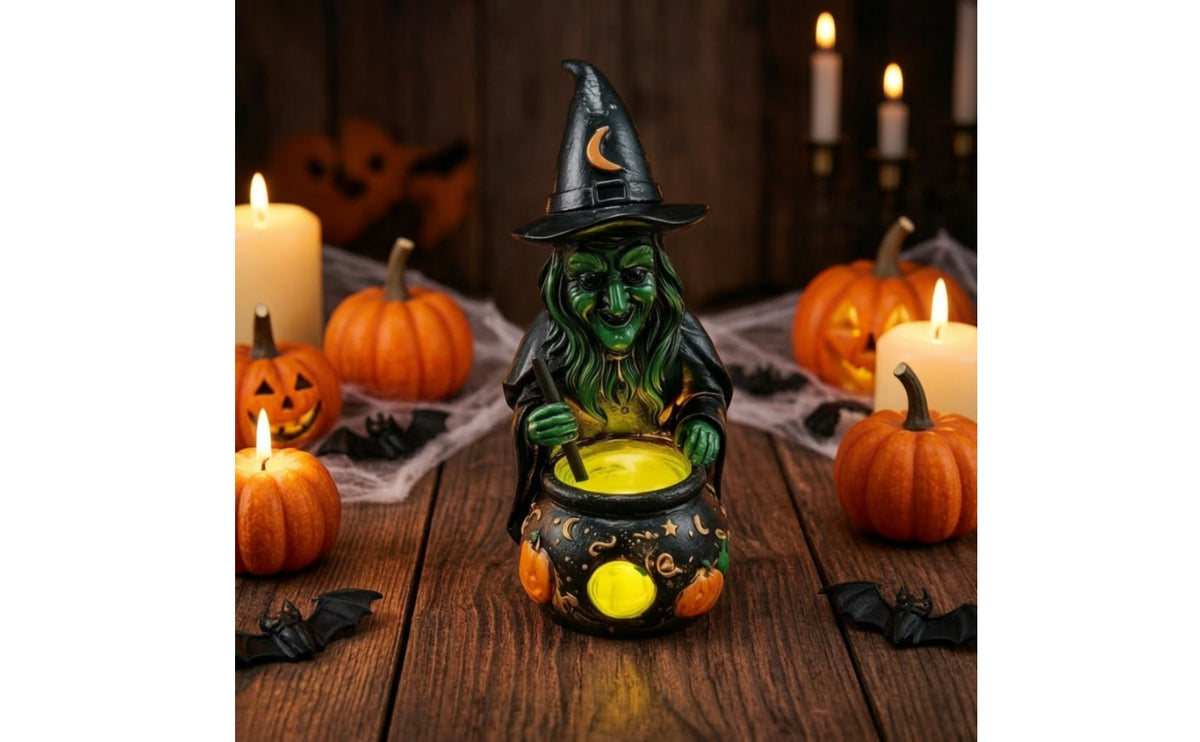 Witch Pot Lamp Gothic Halloween Pot Light Compact Witch Figurine with Light for Mantel