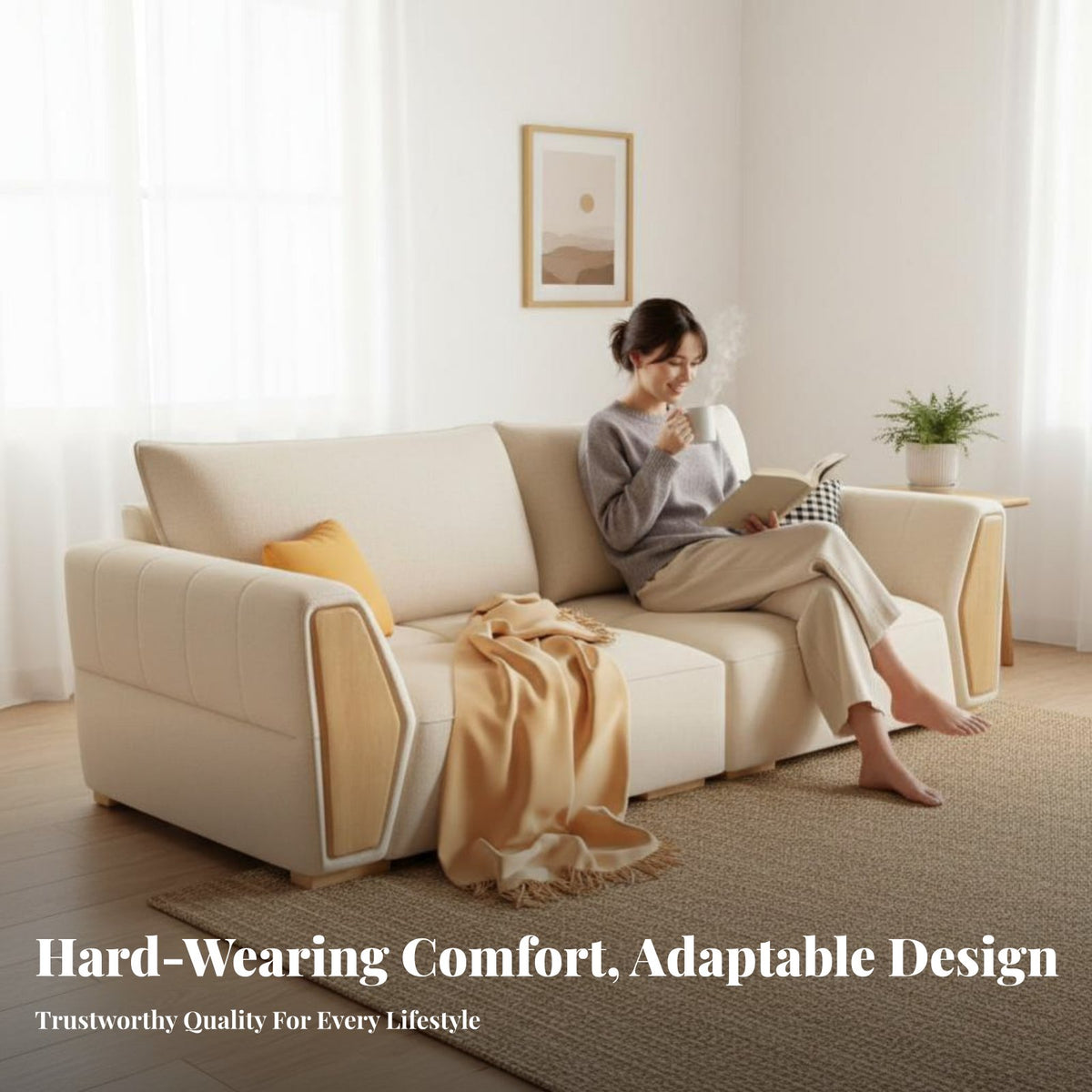 3-Seater Sofa Japanese aesthetic 3-Seater Fabric Settee Wood Frame Couch for Apartment Dwellers, Homeowners, Home Study, Reception Area, Bedroom