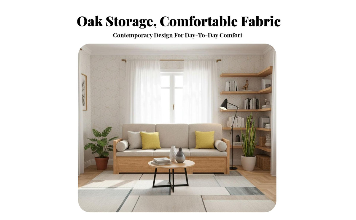 sturdy Wood Frame L-Shaped Storage Settee Minimalist Design Wooden Sofa Removable cushion cases Corner Couch firm-density Foam for Apartment Dwellers, Families, Homeowners, Living Room, Small Spaces, Home Organization