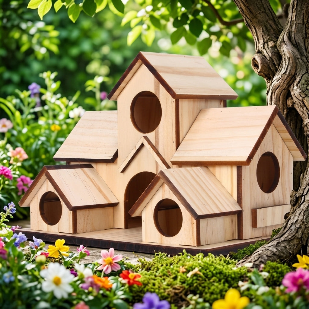 Wooden Birdhouse Nest Box with Multi-Level Complex Design, Solid Wood Freestanding Garden Birdhouse and Bird Nest Box for Outdoor Garden Use