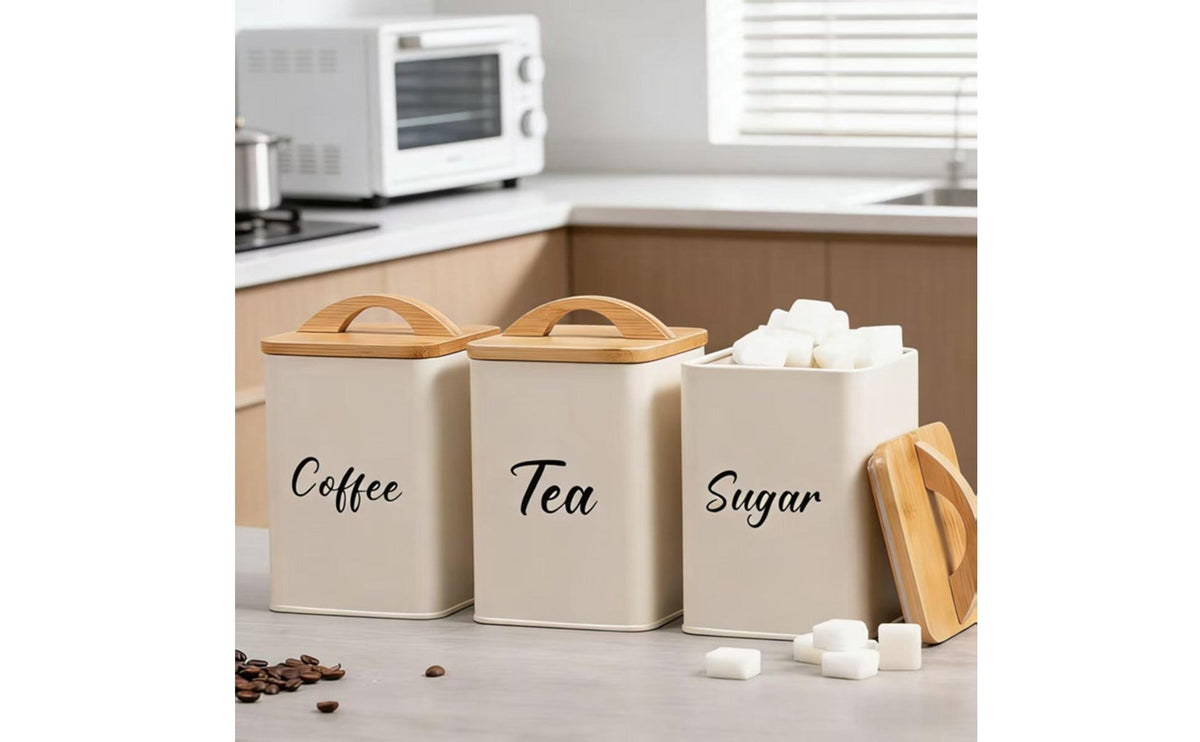 3 Pieces Square Sealed Canister Preserve Keeping Tea Coffee Sugar Jar Bamboo Lid Canister Easy to Clean Countertop Storage Jar
