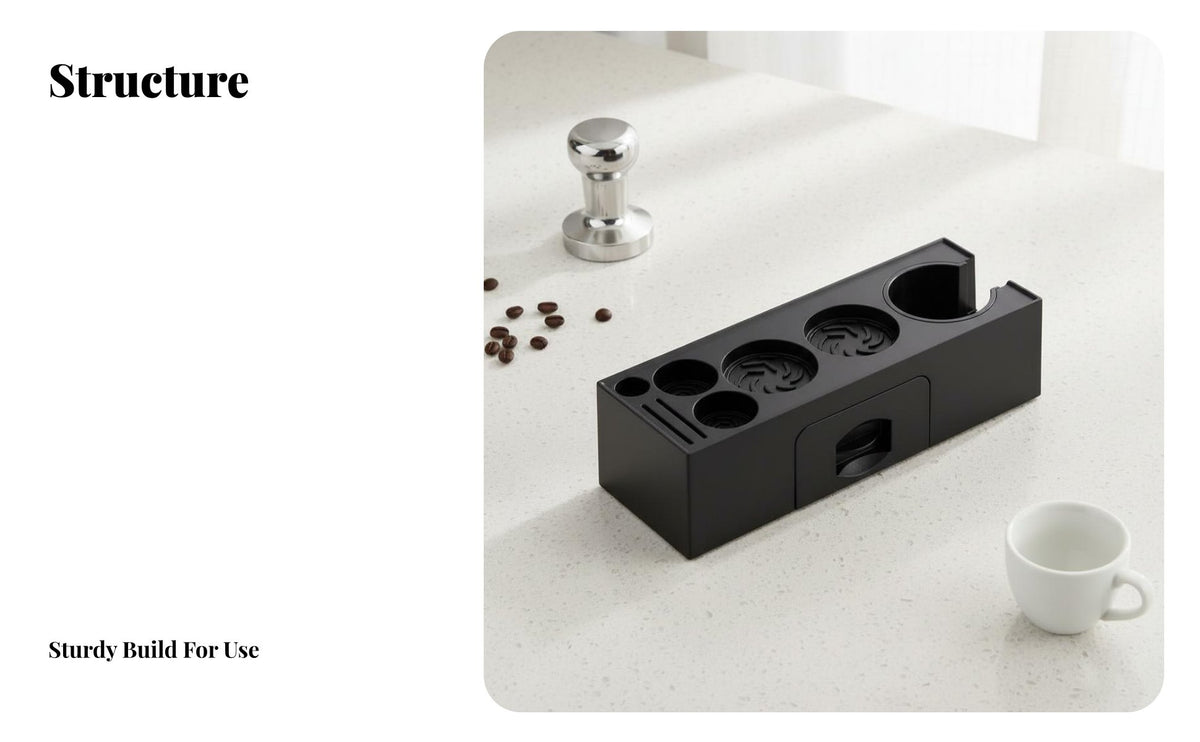 Space Saving Coffee Tamper Stand with Drawer Small Parts Storage Coffee Tamper Station Organizer Keeps Countertop Tidy for Home Baristas