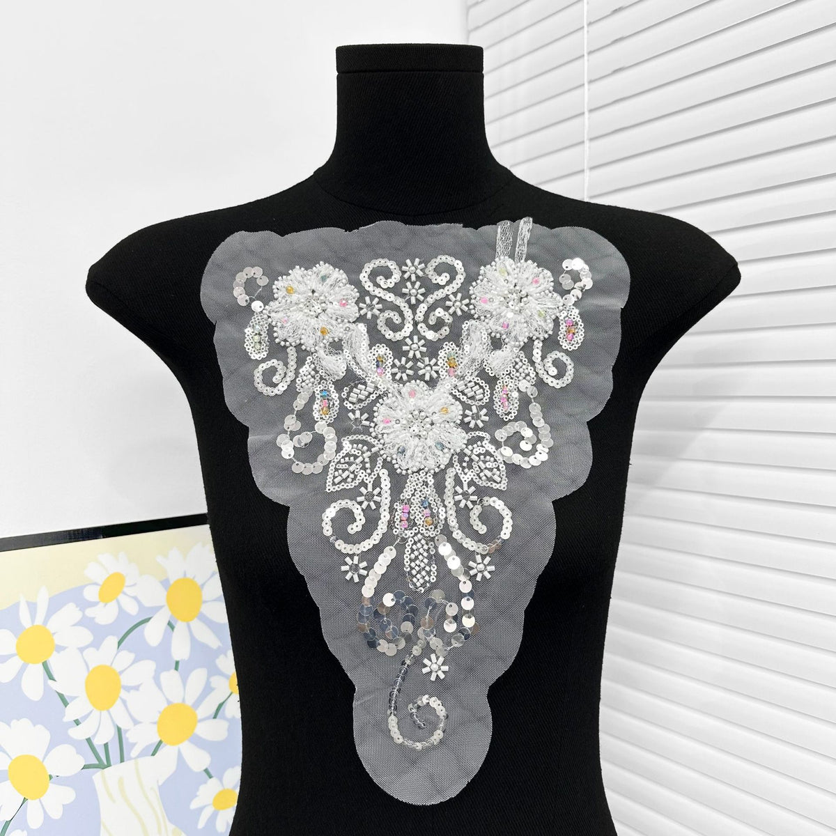 Handmade DIY Wedding Dress Bow Tie Decoration with White Lace and Beaded Flower Applique