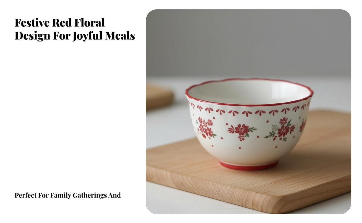 Vintage Floral Ceramic Rice Bowl, Red Underglaze, INS Style, Soup, Dessert, Pasta, Home