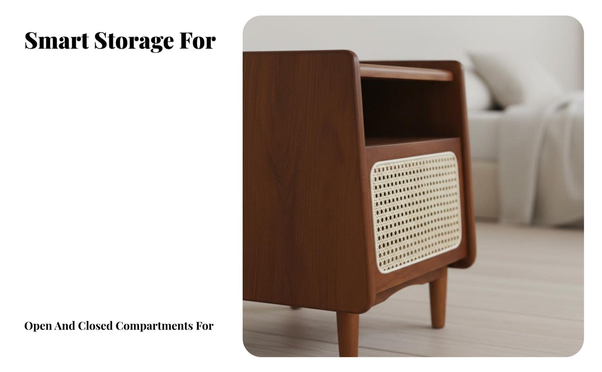 Solid Wood Legs Rattan Nightstand Minimalist Design Rattan-Front End Table with Lift-Top Storage Drawer Bedroom Furniture Small Space Friendly for Homeowners, Interior Decorators, Adults, Guest Room, Apartment, Office