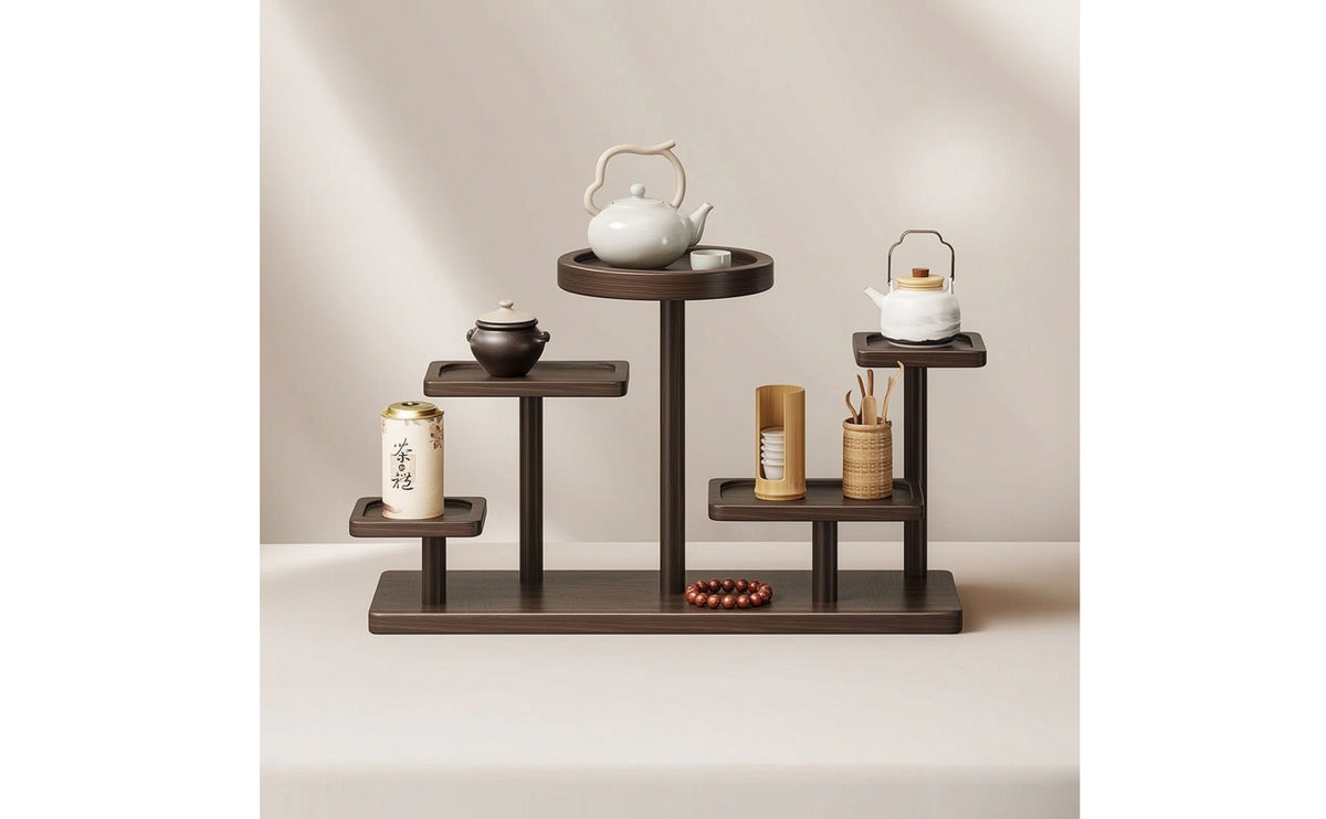 Tea Display Rack Walnut-Finish Tea Ware Rack Solid Wood Tabletop Organizer for Collectors