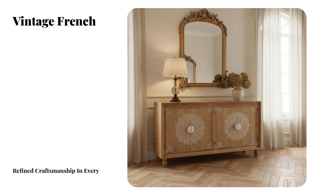 French & design Carved Door Cupboard Vintage Design Carved Double-Door Cabinet Distressed Finish Sideboard sturdy Wood Frame for Guesthouse Owners, Interior Designers, Apartment Dwellers, Entryway, Hallway, Living Room, Bedroom