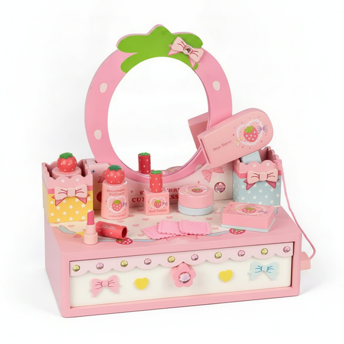 Dress-up Vanity Set Strawberry Motif Smooth Edges Wooden Vanity Toy