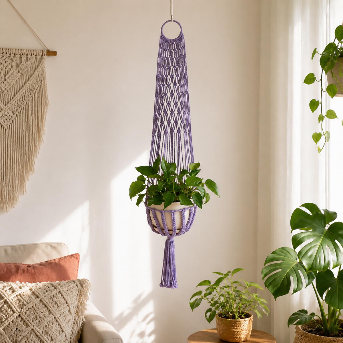 Macrame Plant Hanger Fiber Hand-Woven Hanging Planter, Bohemian Hanging Basket for Balcony Garden & Home Decor