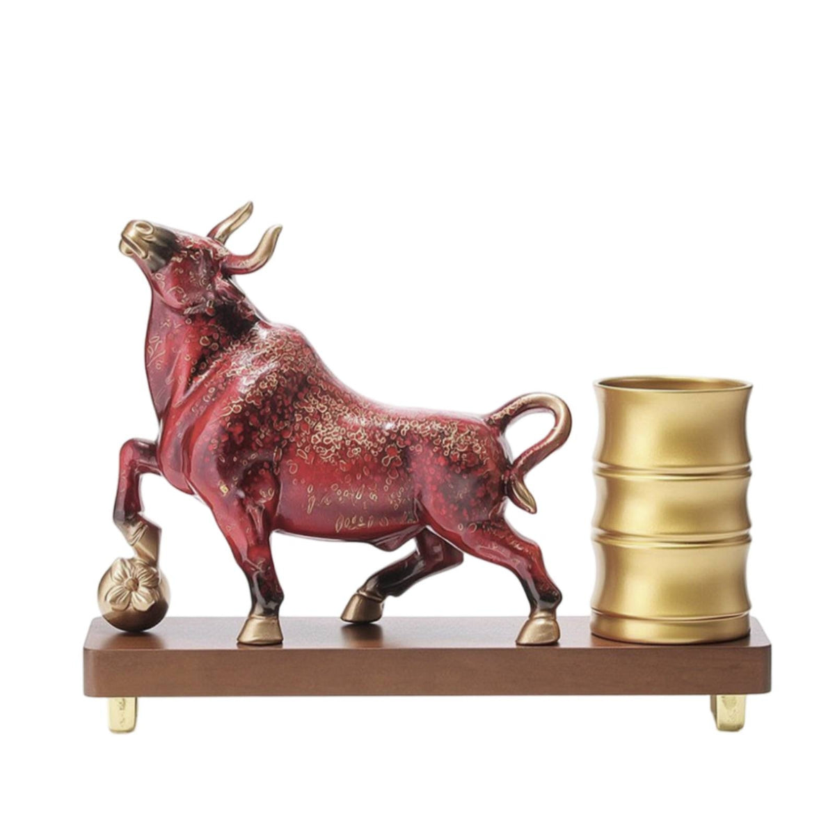 Pen Holder with Bull Statue Decorative Bull Statue Pen Cup Desk Organizer Metal-Finish Sculptural for Collectors, Office, Study