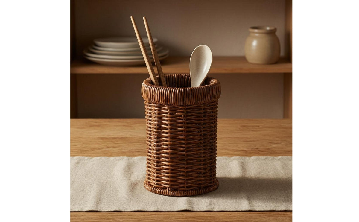 Woven Utensil Holder Iron Frame Cylindrical Utensil Holder Brown Finish Kitchen Storage