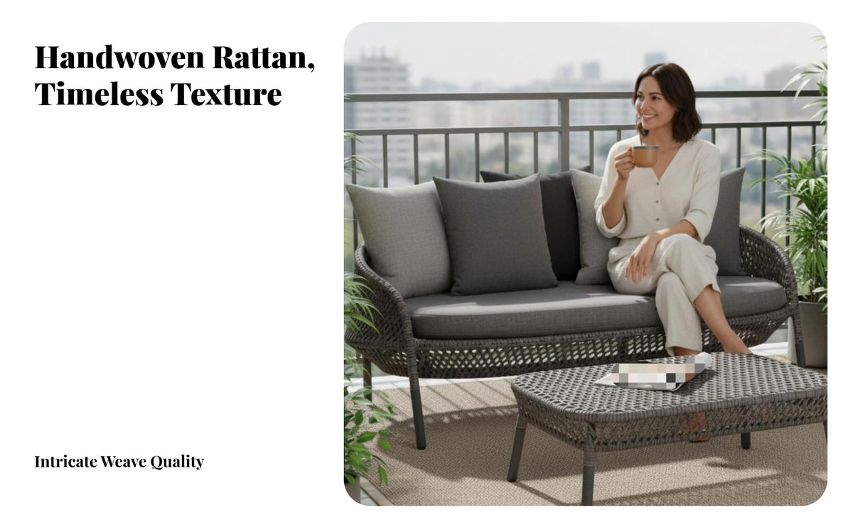 Nordic design Wicker Sofa and Table Set Weather-Resistant exteriordoor Furniture Modern Design Patio Seating Thick upholstered pads for Homeowners, Garden lovers, Families, Balcony, Terrace, Backyard, waterside