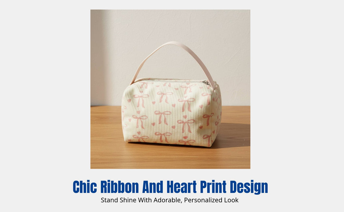 Corduroy Makeup Bag, Ribbon Print, Large Capacity, Travel Organizer, Gift Idea