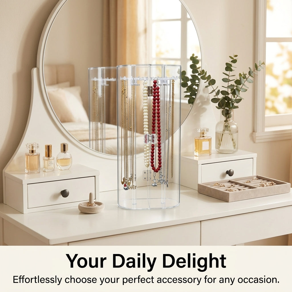 Jewelry Organiser, Acrylic Necklace Holder with Dustproof Door, Tabletop Storage Box for Bedroom, Clear Display Case